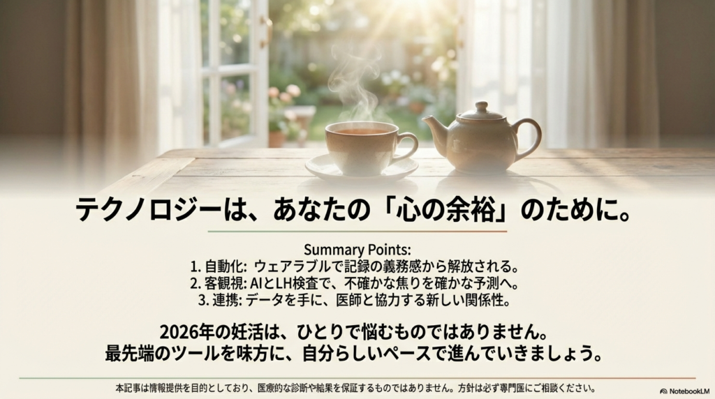 自動化、客観視、医師との連携の3ポイントをまとめ、「自分らしいペースで進もう」と呼びかける最終スライド。