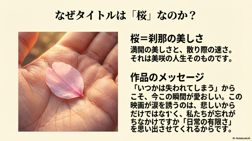 手のひらに乗った一枚の桜の花びらの写真。桜が象徴する「刹那の美しさ」と作品のメッセージ。