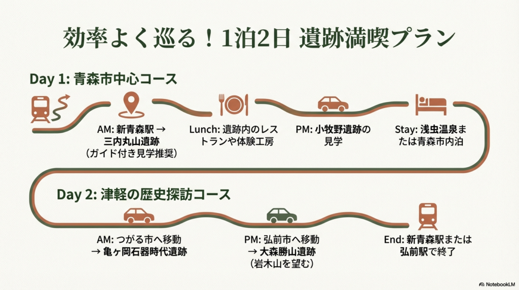 1日目に青森市内、2日目に津軽方面を巡り、新青森駅や弘前駅を拠点とする効率的なルート案を提示したスライド。