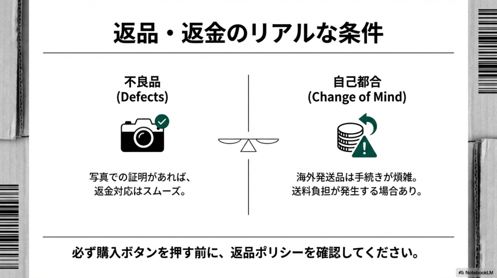 不良品(写真証明でスムーズ)と自己都合(海外発送は煩雑・送料負担あり)の条件の違いについての解説。