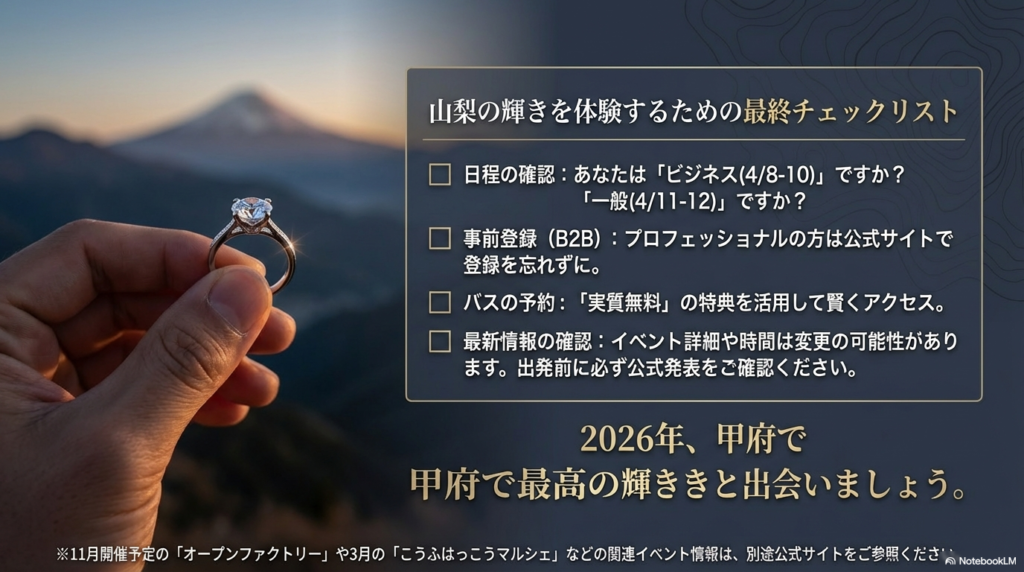 「日程の確認」「B2B事前登録」「バス予約」「最新情報の確認」の4項目が並んだチェックリスト。最後は「甲府で最高の輝きと出会いましょう」というメッセージで締めくくられています。