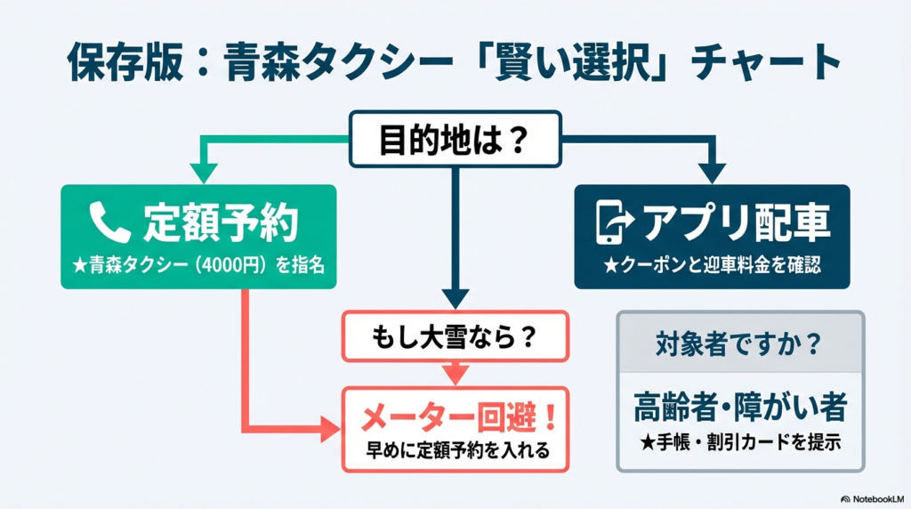 状況に合わせたタクシー選びのチャート。空港なら青森タクシーの定額、大雪ならメーター回避のため定額予約、市内ならアプリでクーポンと迎車料金確認、対象者は手帳やカード提示というまとめ。