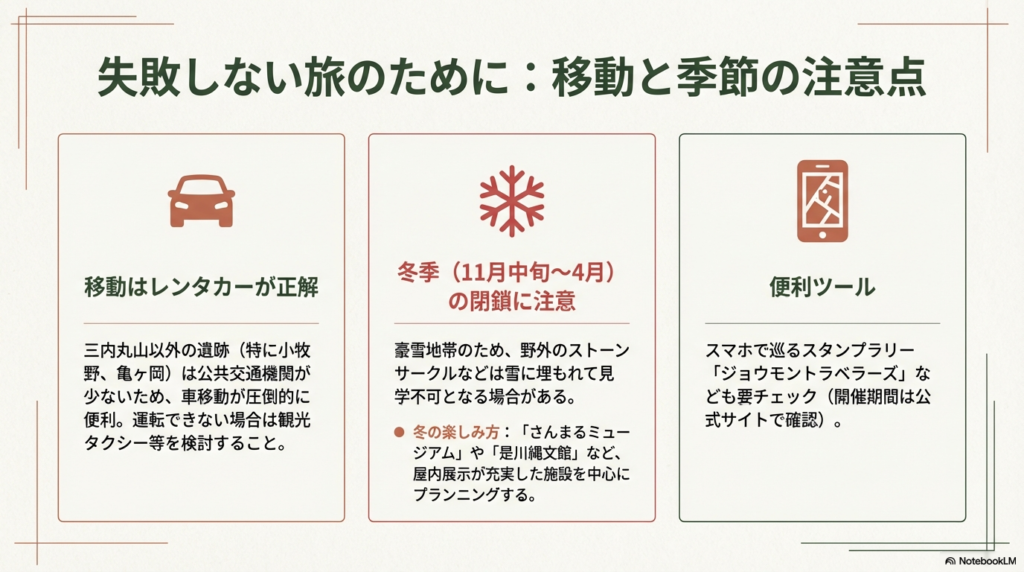 移動はレンタカーが推奨されること、11月中旬から4月は積雪による冬季閉鎖があること、便利なスタンプラリーの情報をまとめたスライド。