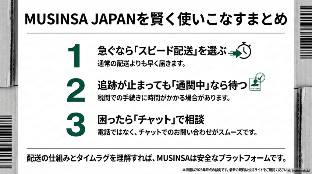 急ぐならスピード配送、追跡停止は通関待ち、困ったらチャットという運用のまとめ。