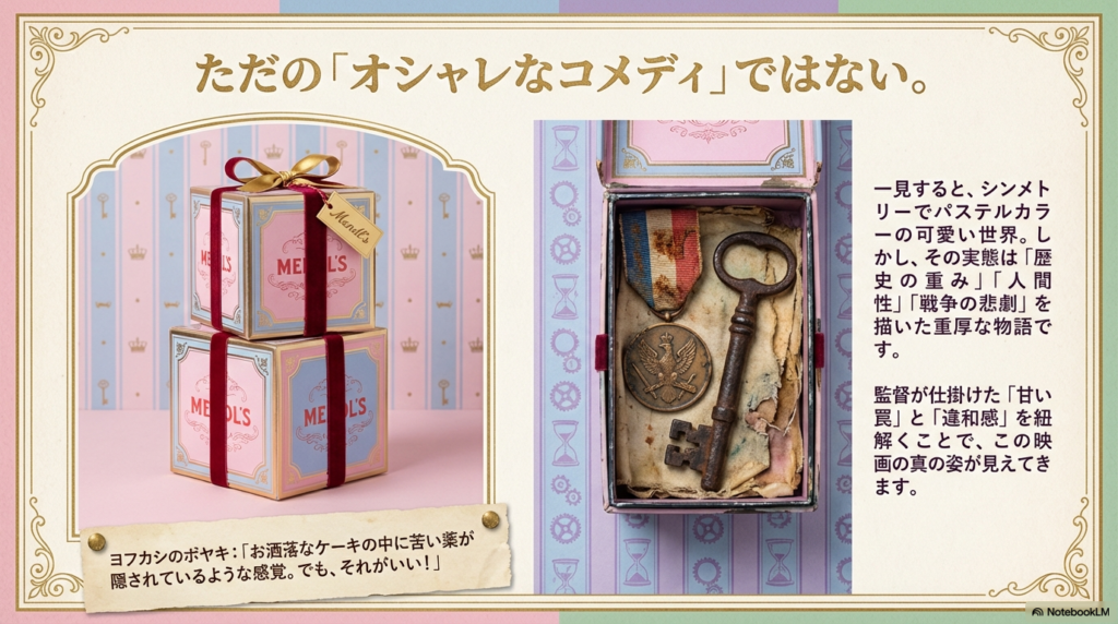 パステルカラーの可愛い世界観と、その実態である歴史の重みや戦争の悲劇を対比させた解説スライド。