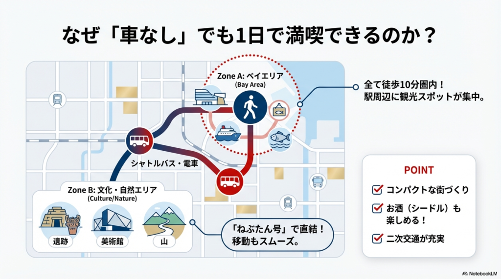 駅周辺のベイエリアは徒歩10分圏内にスポットが集中し、遠方の文化エリアは「ねぶたん号」で直結していることを説明するマップ図解。