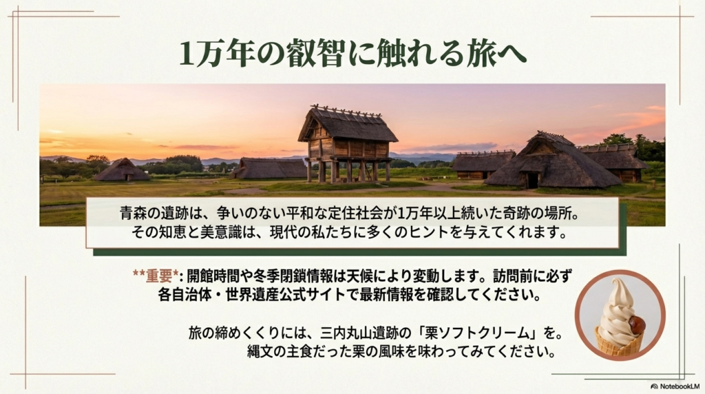 1万年以上続いた平和な社会へのメッセージと、三内丸山遺跡で味わえる「栗ソフトクリーム」の写真を掲載したスライド。