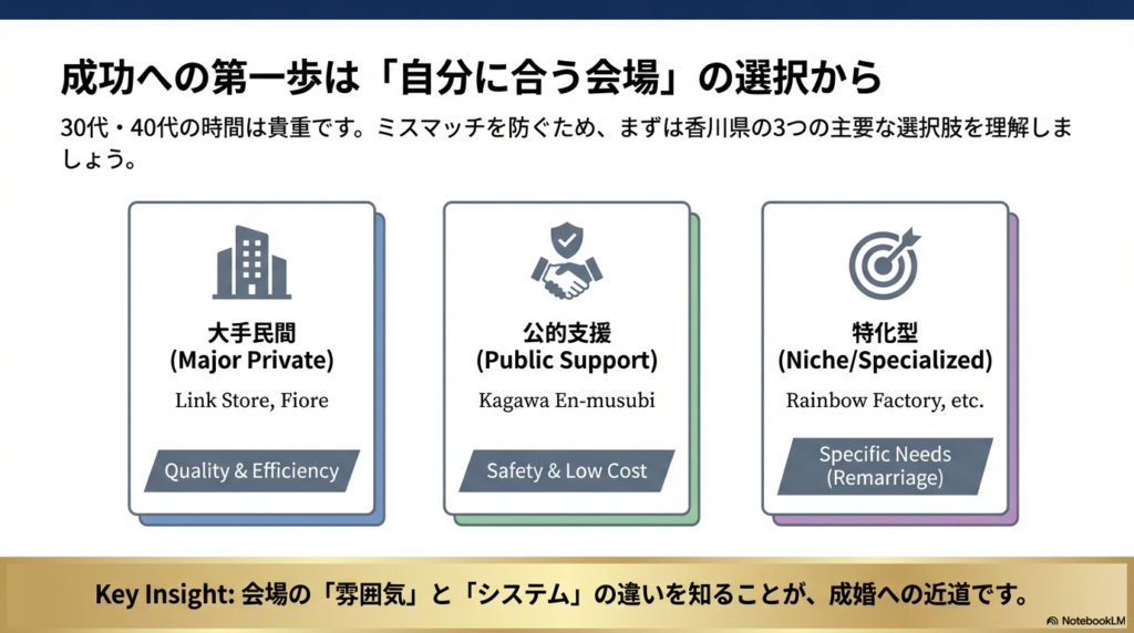 香川県の婚活における「大手民間」「公的支援」「特化型」の3つのカテゴリーを分類した図解。