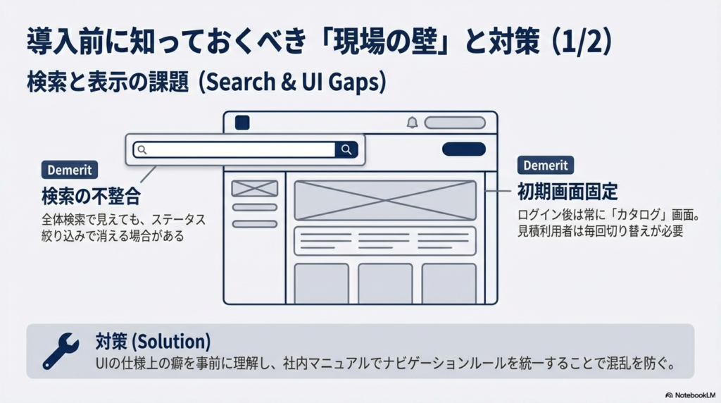 全体検索と絞り込み検索の不整合、およびログイン後の初期画面がカタログに固定されているという実務上の課題と対策。