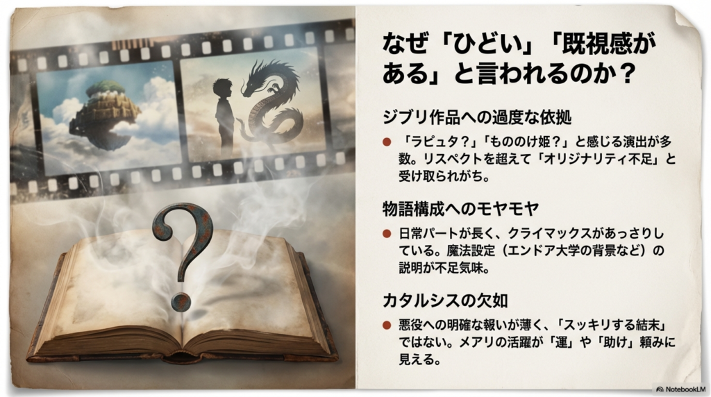 ジブリ作品への過度な依拠、物語構成へのモヤモヤ、カタルシスの欠如など、ネット上の厳しい声を整理したリスト形式のスライド 。