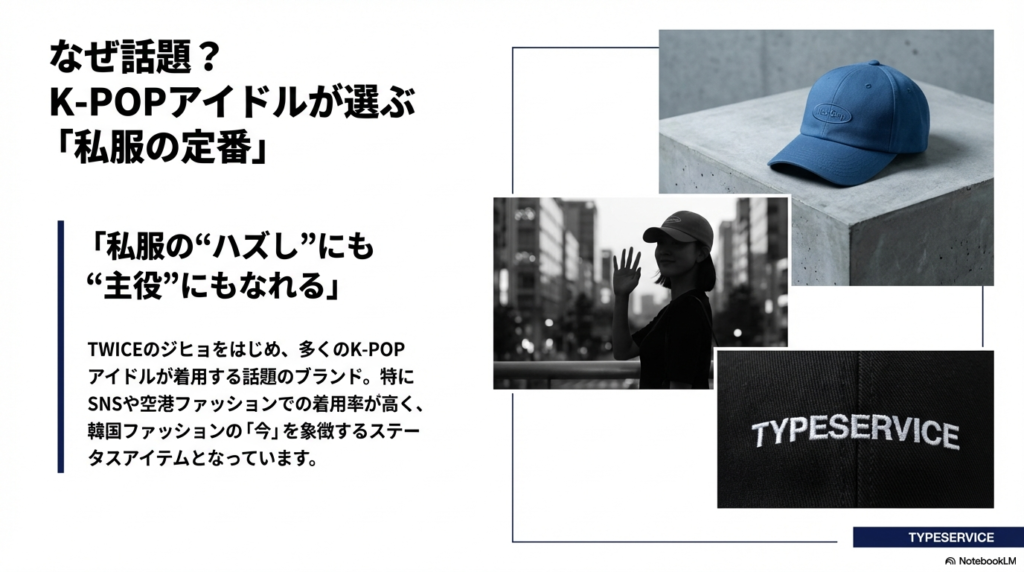 TWICEジヒョをはじめとするアイドルが、SNSや空港ファッションでTYPESERVICEを着用していることを紹介するスライド。私服の定番や主役になれるアイテムとして解説。