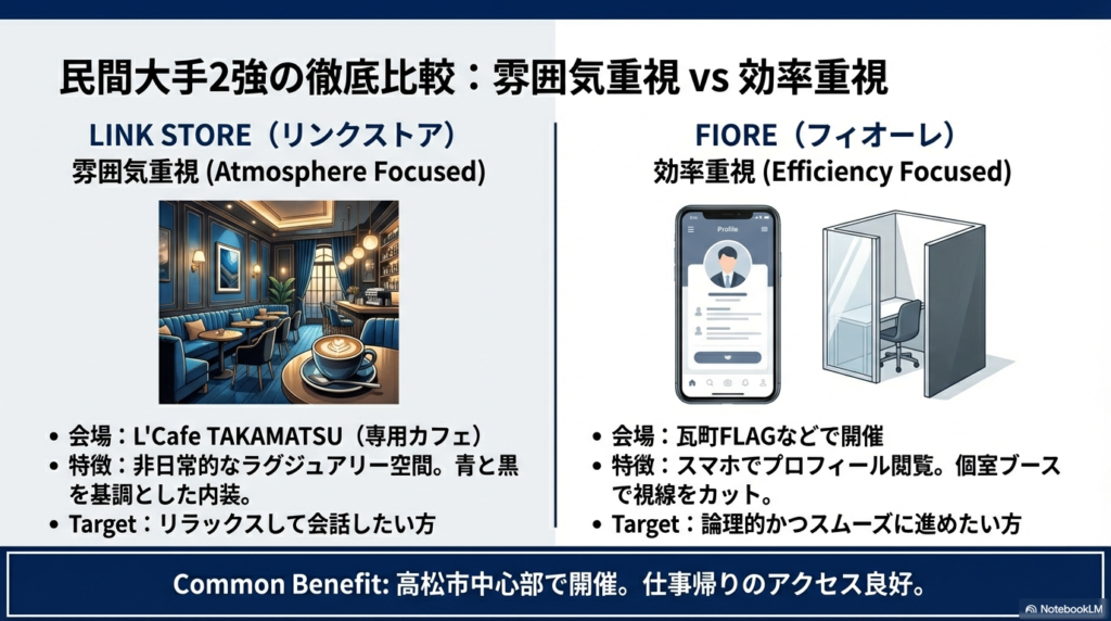 リンクストアの豪華なカフェ内装と、フィオーレのスマホ活用・個室ブースを比較した画像。