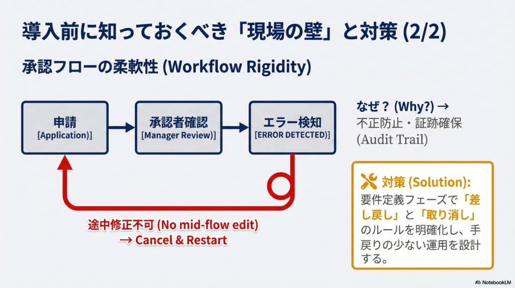 不正防止と証跡確保（Audit Trail）のため、承認フロー途中での修正が不可である仕様と、その運用上の対策フロー図。