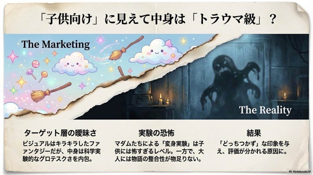 ビジュアルのキラキラ感と、中身の科学実験的なグロテスクさのギャップを解説するスライド 。