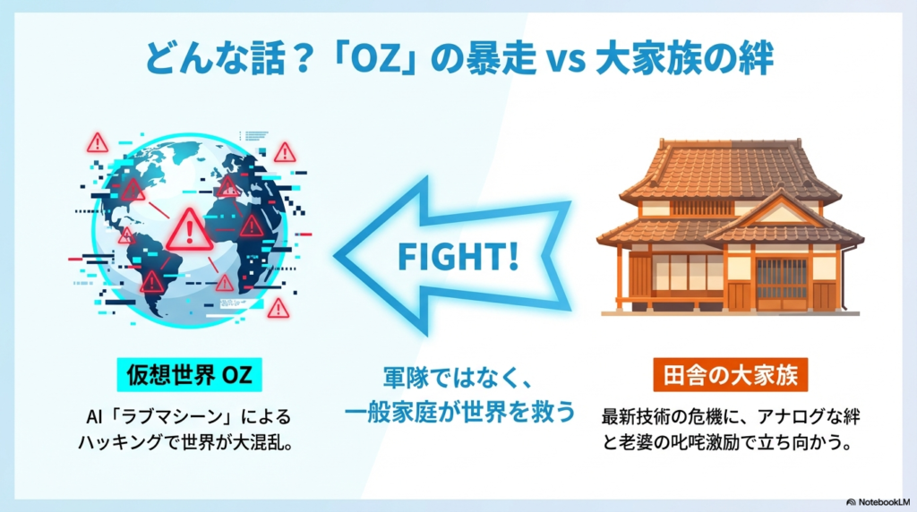 仮想世界OZのAI「ラブマシーン」によるハッキングで混乱する世界地図と、それに対抗する田舎の大家族。デジタルな危機にアナログな絆で立ち向かう構図の図解。