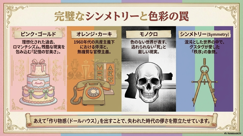 メンドルのケーキ、古い電話、ドクロと銃のイラストを用い、ピンク・ゴールド、オレンジ・カーキ、モノクロの意味を解説するスライド。