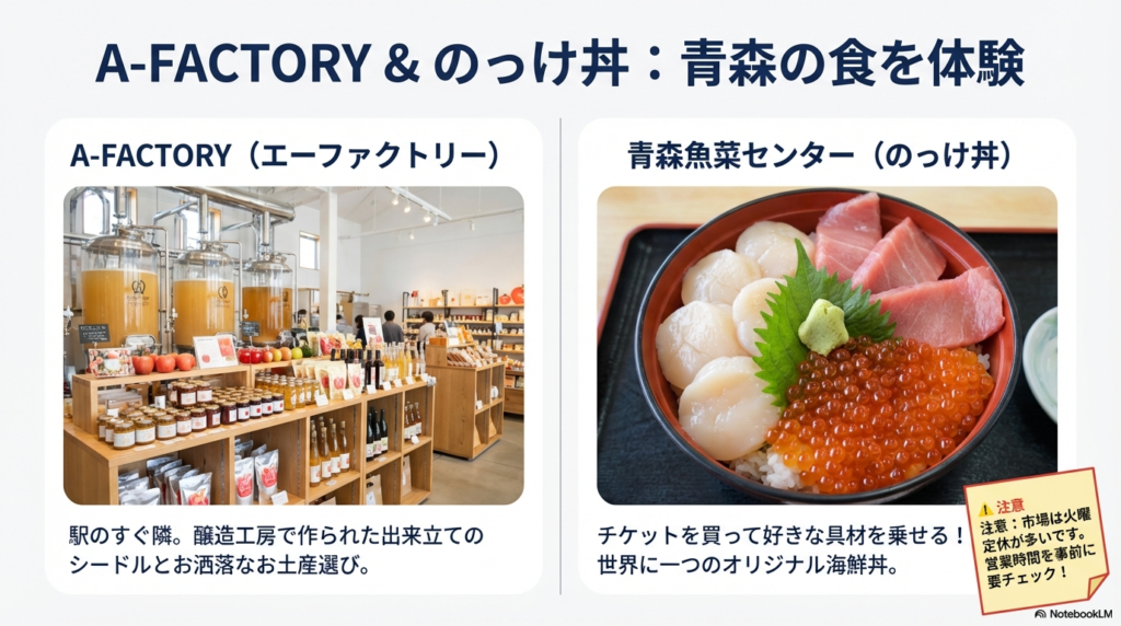 シードル工房があるA-FACTORYの店内写真と、好きな具材を乗せる「のっけ丼」のイメージ写真。火曜定休などの注意書き。