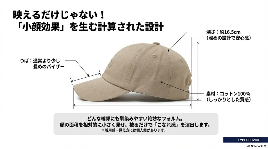 TYPESERVICEのキャップの設計図。深さ約16.5cm、長めのつば、コットン100%素材など、小顔効果を生むフォルムの詳細スペックを紹介。