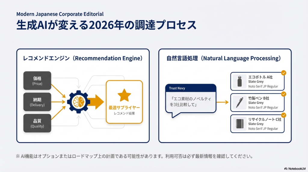 自然言語処理を用いて「エコ素材のノベルティを比較」といった指示から、価格・納期・品質に基づき最適サプライヤーを提案するAI機能のイメージ図。
