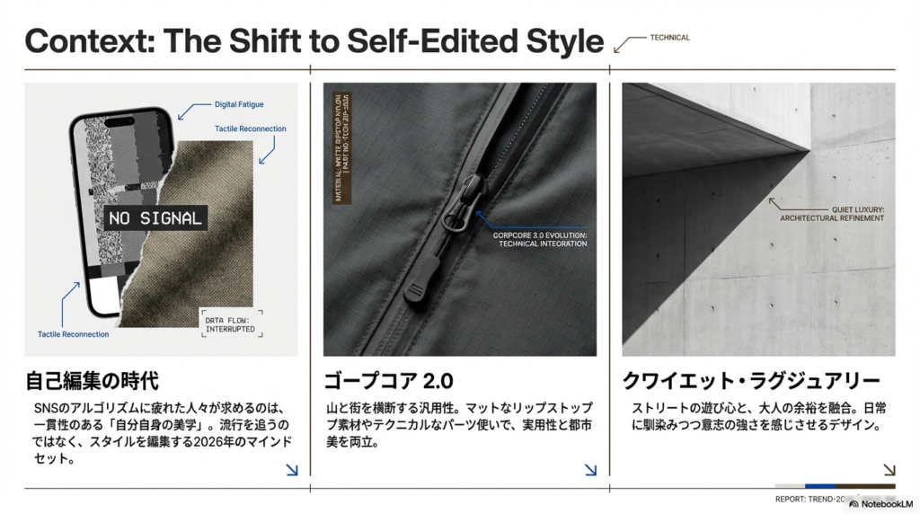 SNSのアルゴリズムから離れ、自分自身の美学を編集する2026年のマインドセット。デジタル疲労と触覚的な再接続をテーマにしたコンセプト図。