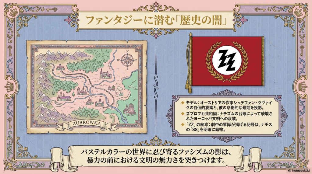 ズブロフカ共和国の地図と「ZZ」の紋章、そしてモデルとなった作家シュテファン・ツヴァイクについて解説するスライド。