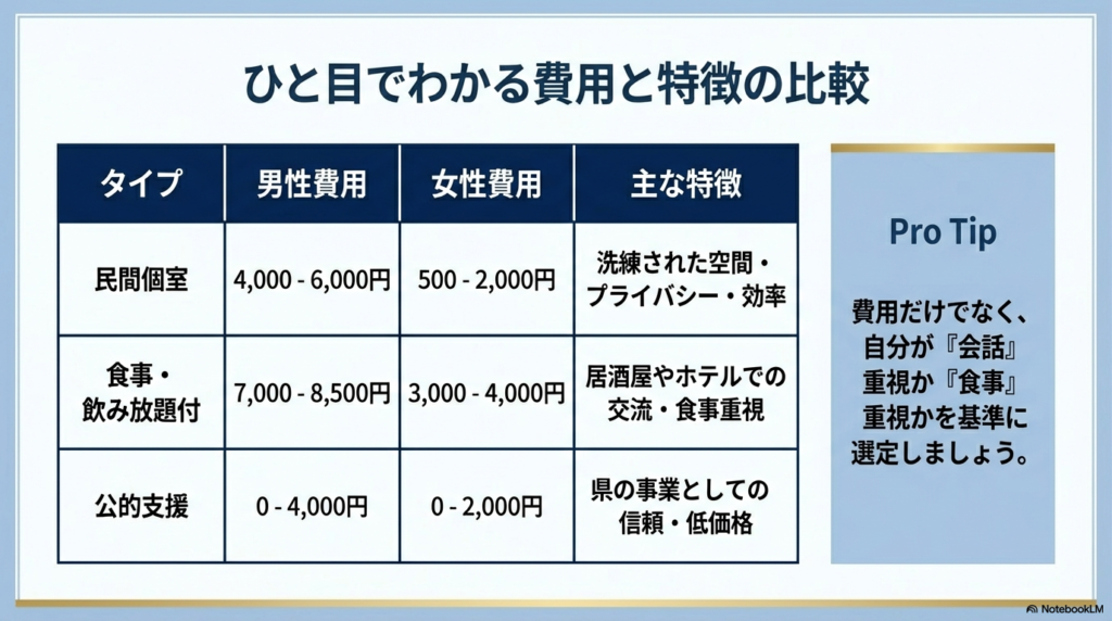 民間個室、飲食付き、公的支援のそれぞれの男女費用と主な特徴をまとめた比較表。
