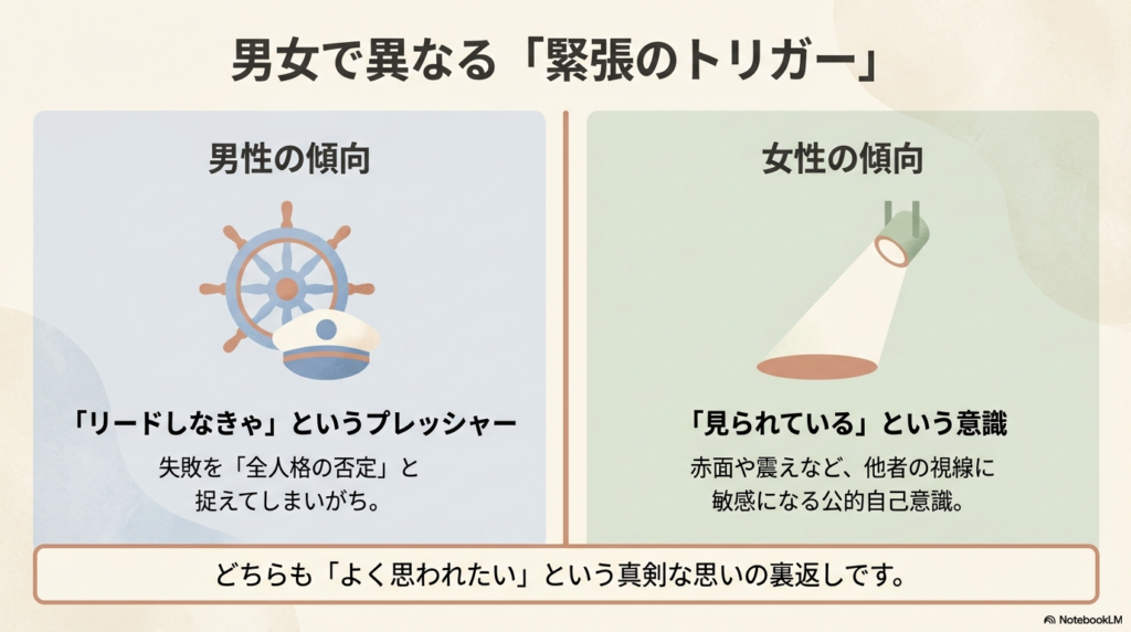 男性の「リードへのプレッシャー」と女性の「見られている意識」の違いを比較した図解。どちらも「よく思われたい」という思いの裏返しであると補足されている。