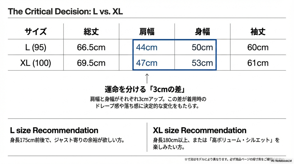 サイズL(95)とXL(100)の寸法比較表。肩幅と身幅が3cmアップすることで生まれるドレープ感や落ち感の変化についての解説。