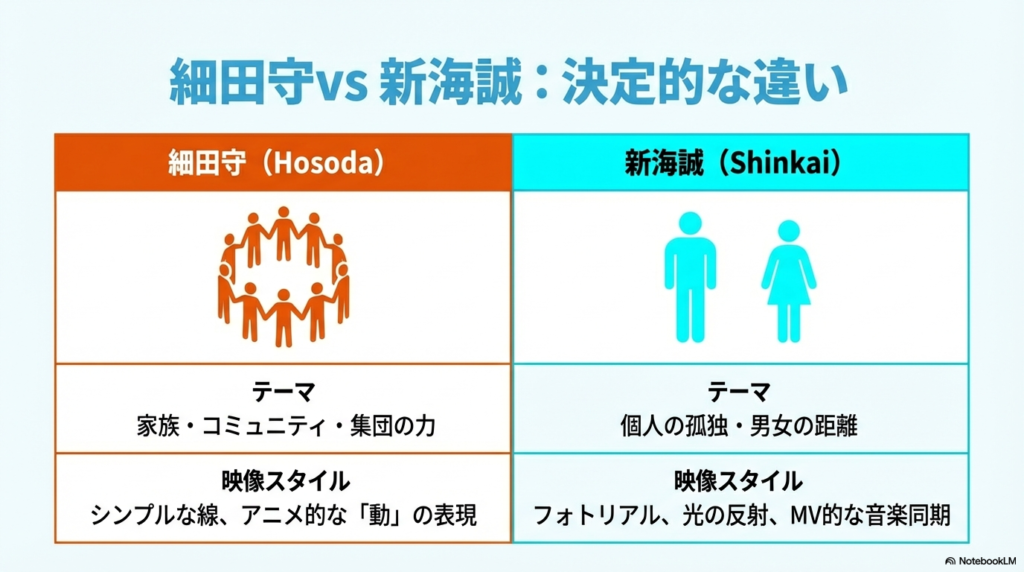 細田守は「家族・コミュニティ」と「アニメ的な動」、新海誠は「個人の孤独」と「フォトリアル・光」を重視するというテーマと映像スタイルの比較表。