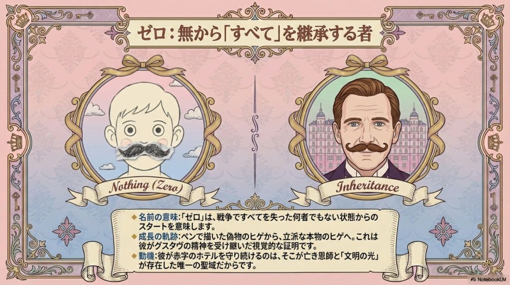 偽物のヒゲを描いた若い頃のゼロと、本物のヒゲを蓄えた晩年のゼロの比較イラスト。