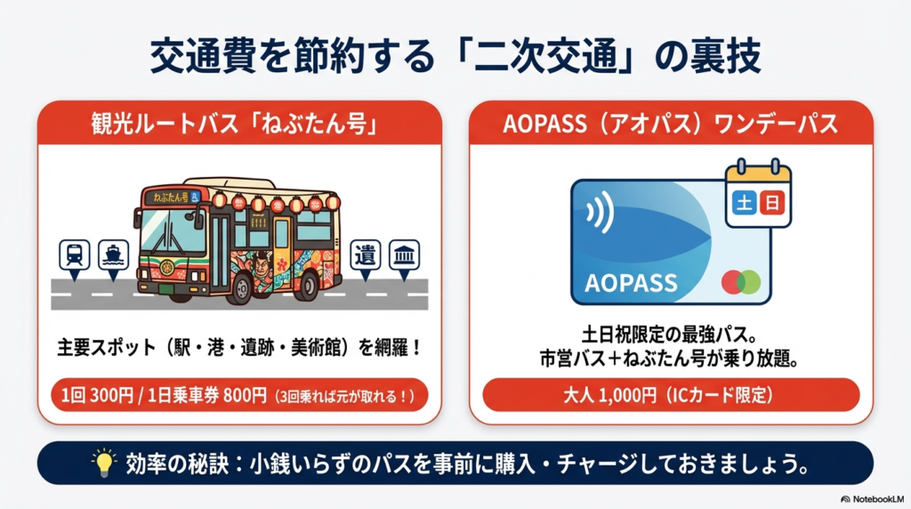 主要スポットを網羅するバス「ねぶたん号」のイラストと、土日祝限定の乗り放題パス「AOPASS（大人1,000円）」の紹介。