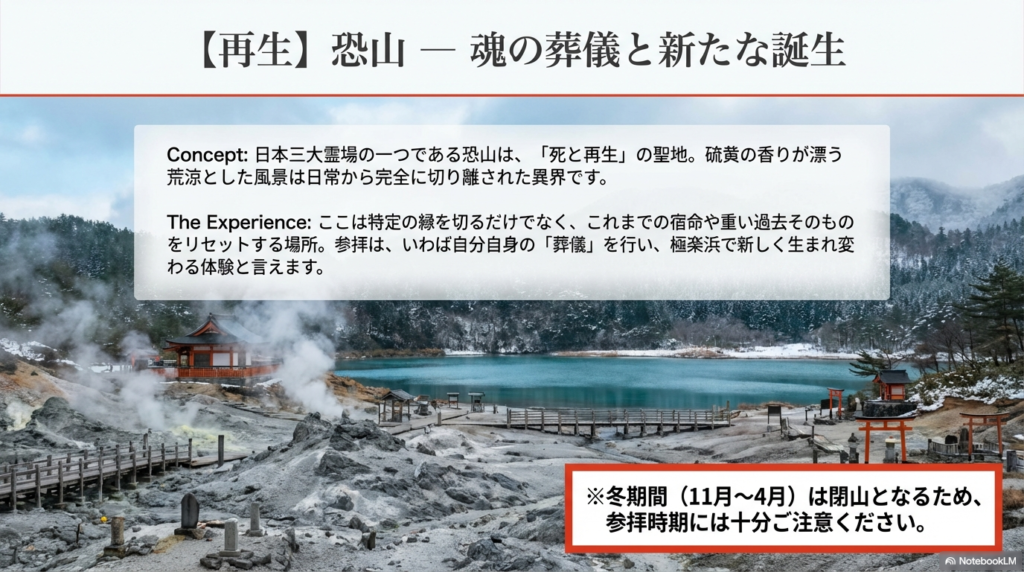 「死と再生」の聖地である恐山のコンセプトと、冬期間（11月〜4月）は閉山となる注意書きが記されたスライド。