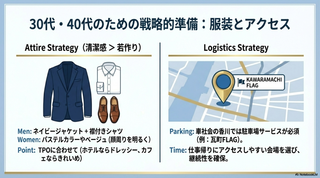 ネイビージャケットのイラストと、瓦町FLAG等の駐車場サービスの重要性を説くスライド。