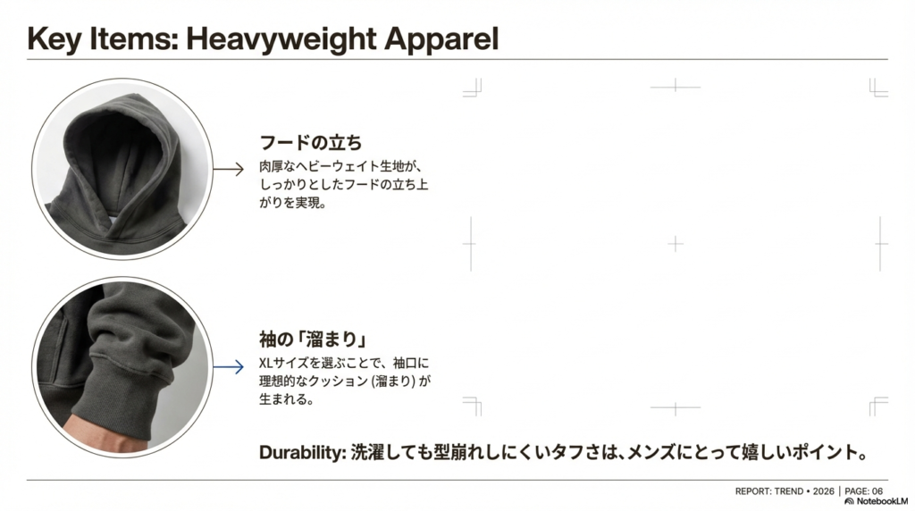 肉厚な生地によるフードの立ち上がりと、袖口に生まれる理想的な「溜まり(クッション)」のクローズアップ画像。