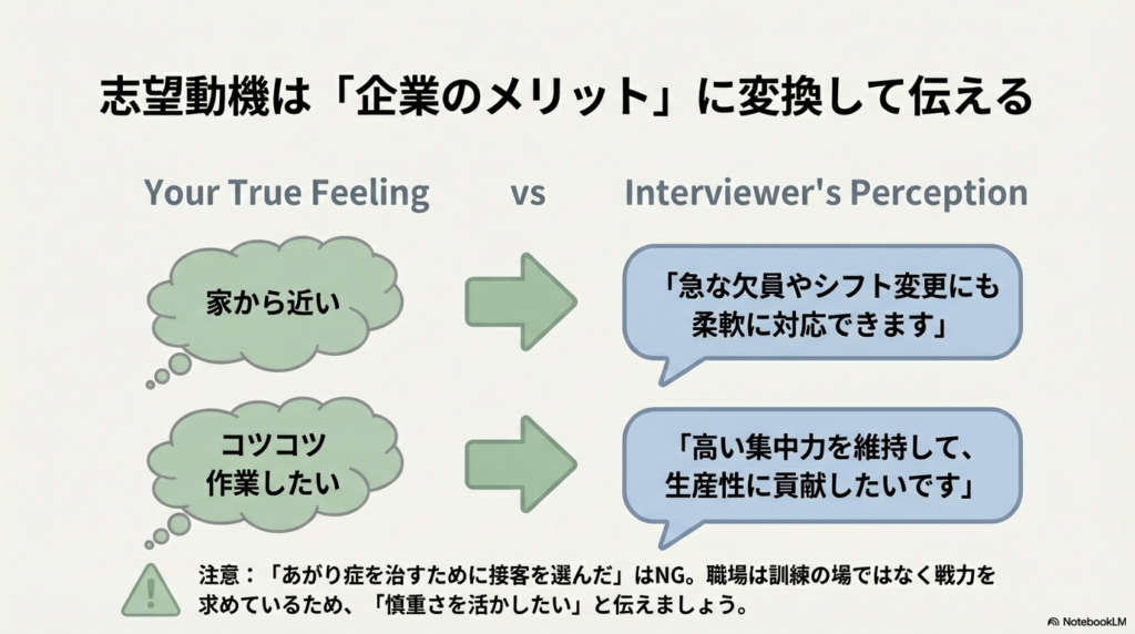 「家から近い」「コツコツ作業したい」という本音を、「柔軟なシフト対応」「高い生産性への貢献」という面接官向けのメリットに変換する比較図。