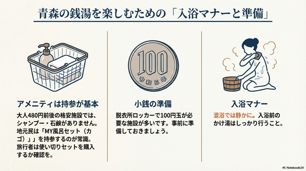 シャンプー持参の推奨、脱衣所ロッカー用の100円玉の準備、かけ湯などのマナーをイラストで解説したスライド。