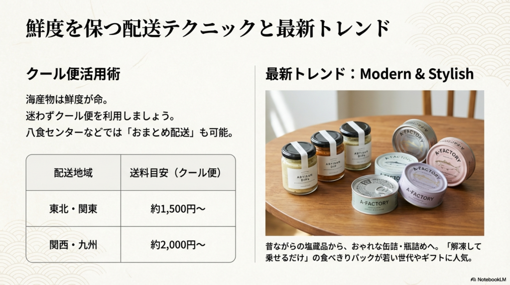 クール便の活用と送料目安（関東まで約1,500円〜など）、およびA-FACTORYなどに代表される最新のおしゃれな缶詰・瓶詰めトレンドを紹介するスライド。