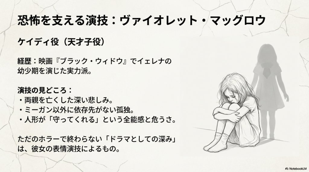 膝を抱えて座り込む少女ケイディのスケッチ。彼女の深い悲しみとミーガンへの依存を演じた実力について記載。