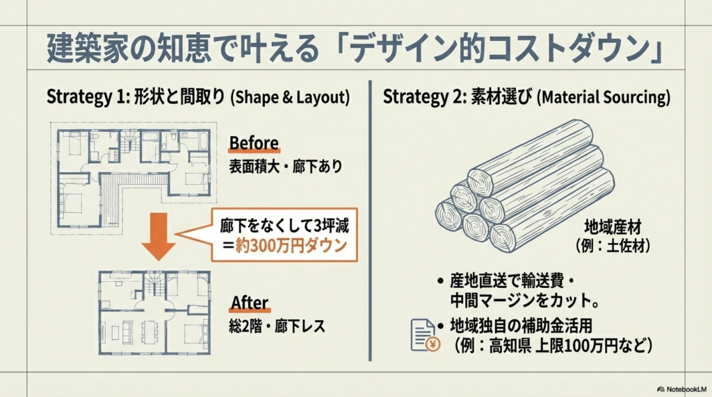 廊下をなくすことで3坪減(約300万円ダウン)する間取りの工夫と、地域産材(土佐材等)の活用による輸送費カット・補助金活用の戦略を示すスライド。
