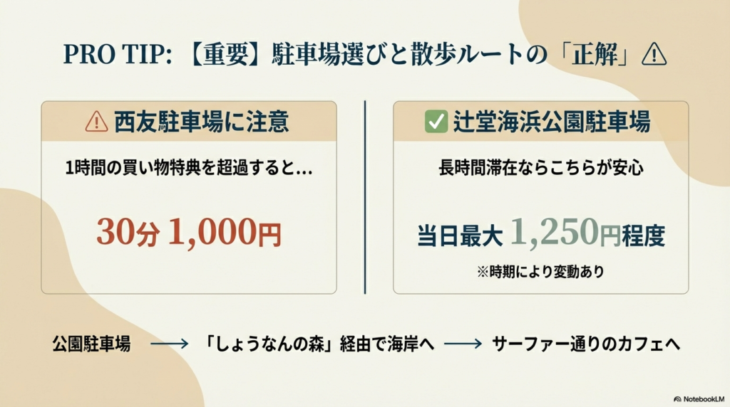 西友駐車場の高額な超過料金への注意喚起と、海浜公園駐車場の料金目安、公園から海岸へ抜けるおすすめルートが示されています。