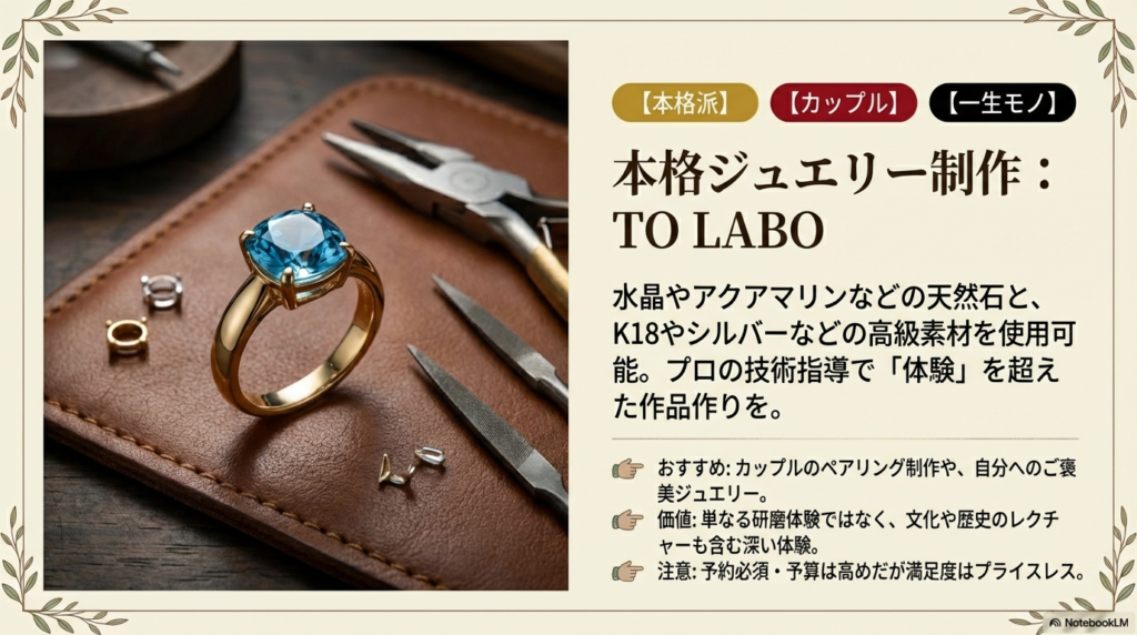 美しいブルーの宝石が留められたゴールドリングの写真と、K18や天然石を使用した本格的な作品作り、文化・歴史のレクチャーについての説明が書かれたスライド 。