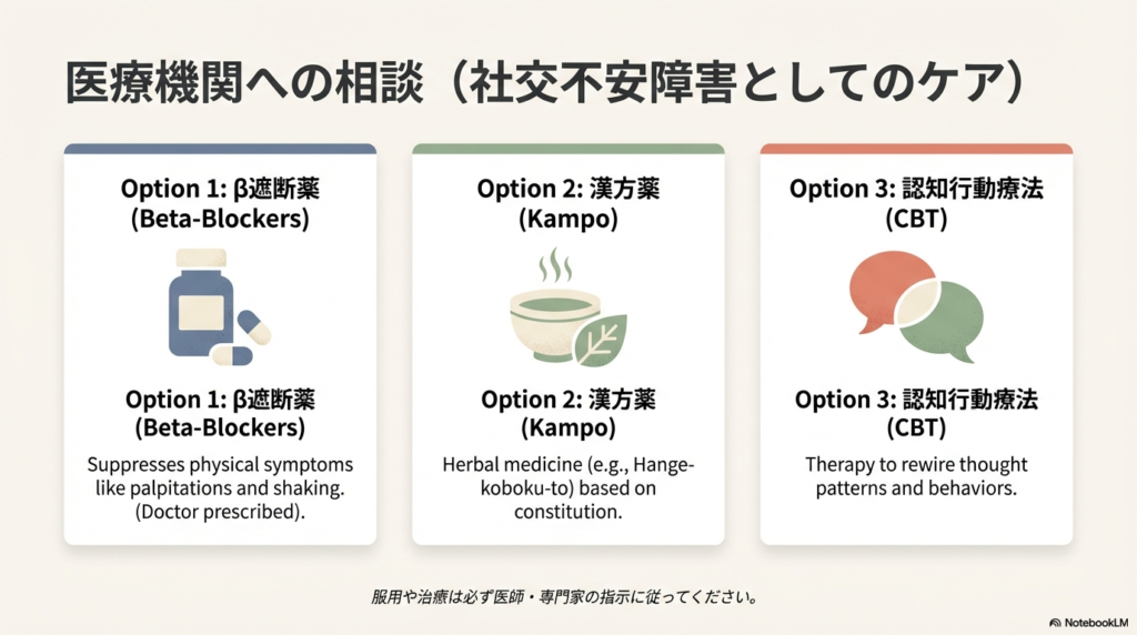 社交不安障害としてのケアの選択肢。身体症状を抑える「遮断薬(ベータブロッカー)」、体質に合わせた「漢方薬(半夏厚朴湯など)」、思考パターンを書き換える「認知行動療法」の3つを提示。服用や治療は必ず医師・専門家の指示に従うよう注意を促しています。