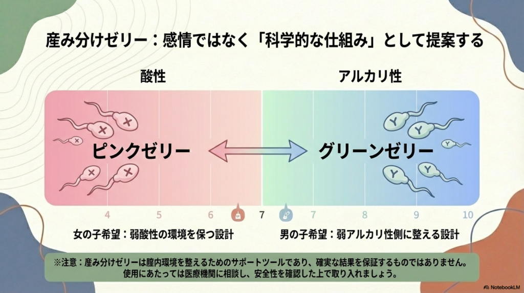 膣内環境のpH（酸性・アルカリ性）と、X精子・Y精子の性質を利用したゼリーの仕組みを解説。ピンクは弱酸性、グリーンは弱アルカリ性へ整える設計であることと、確実な結果を保証するものではない旨の注意書き。