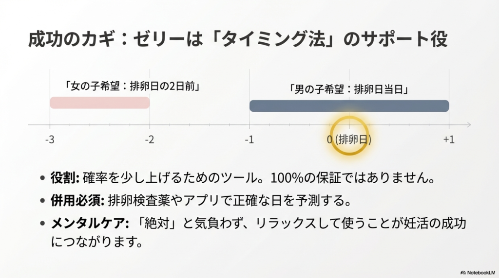 女の子希望は排卵日の2日前、男の子希望は排卵日当日というタイミング法をサポートするタイムライン図。