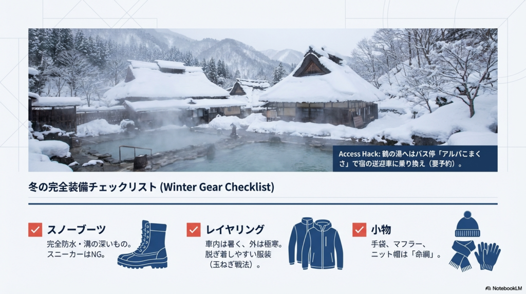 雪の中の乳頭温泉「鶴の湯」の写真と、スノーブーツ、レイヤリング、小物の3つの必須装備をイラストで紹介するスライド。