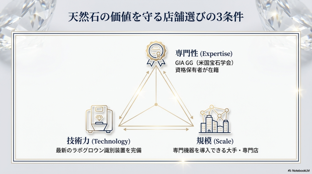 店舗選びの条件として、最新の識別装置(技術力)、GIA GG資格保有者の在籍(専門性)、専門機器を導入できる大手・専門店(規模)の3点を挙げたスライド。