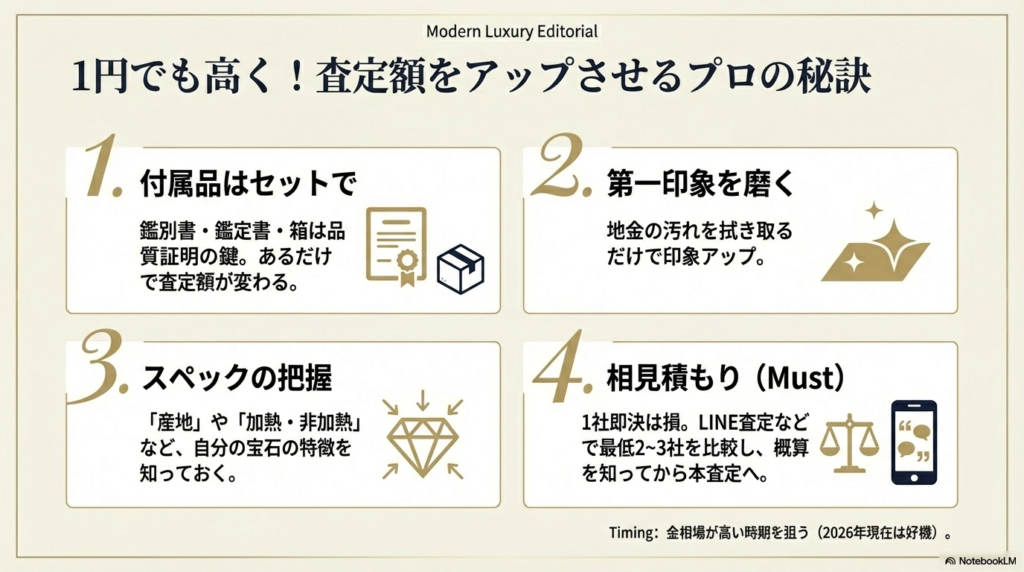 付属品のセット、清掃、スペック把握、相見積もりの4つの秘訣と、金相場が高い時期を狙うタイミングについて解説したスライド。