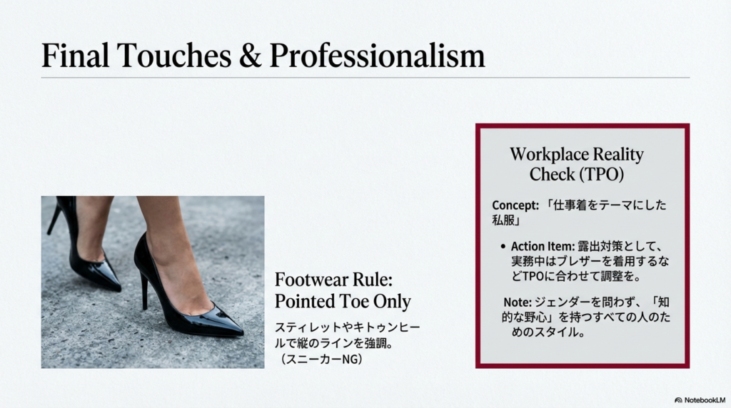 黒のポインテッドトゥのハイヒールを履いて歩く足元の写真。スニーカーNG、ポインテッドトゥのみという足元のルールと、実務中はブレザーを着用するなどのTPOへの配慮について記載されている。