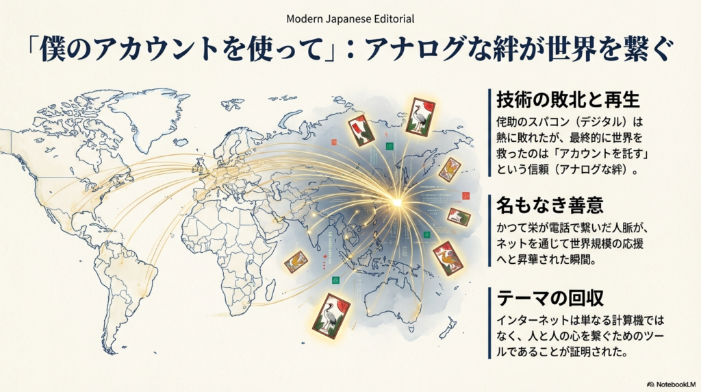 「技術の敗北と再生」という見出しと共に、侘助のスパコン（デジタル）が熱に敗れた後、最終的に世界を救ったのは「アカウントを託す」という信頼（アナログな絆）であったことを総括するスライド。