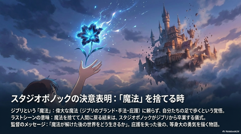 「魔法を捨てる時」という見出しとともに、ジブリからの卒業と、自立への覚悟、監督のメッセージをまとめたスライド 。